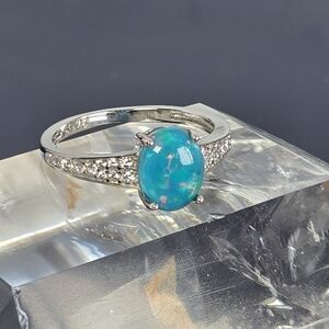 925 Sterling Silver Ring Sz 7 with Natural Blue Opal 8x6mm